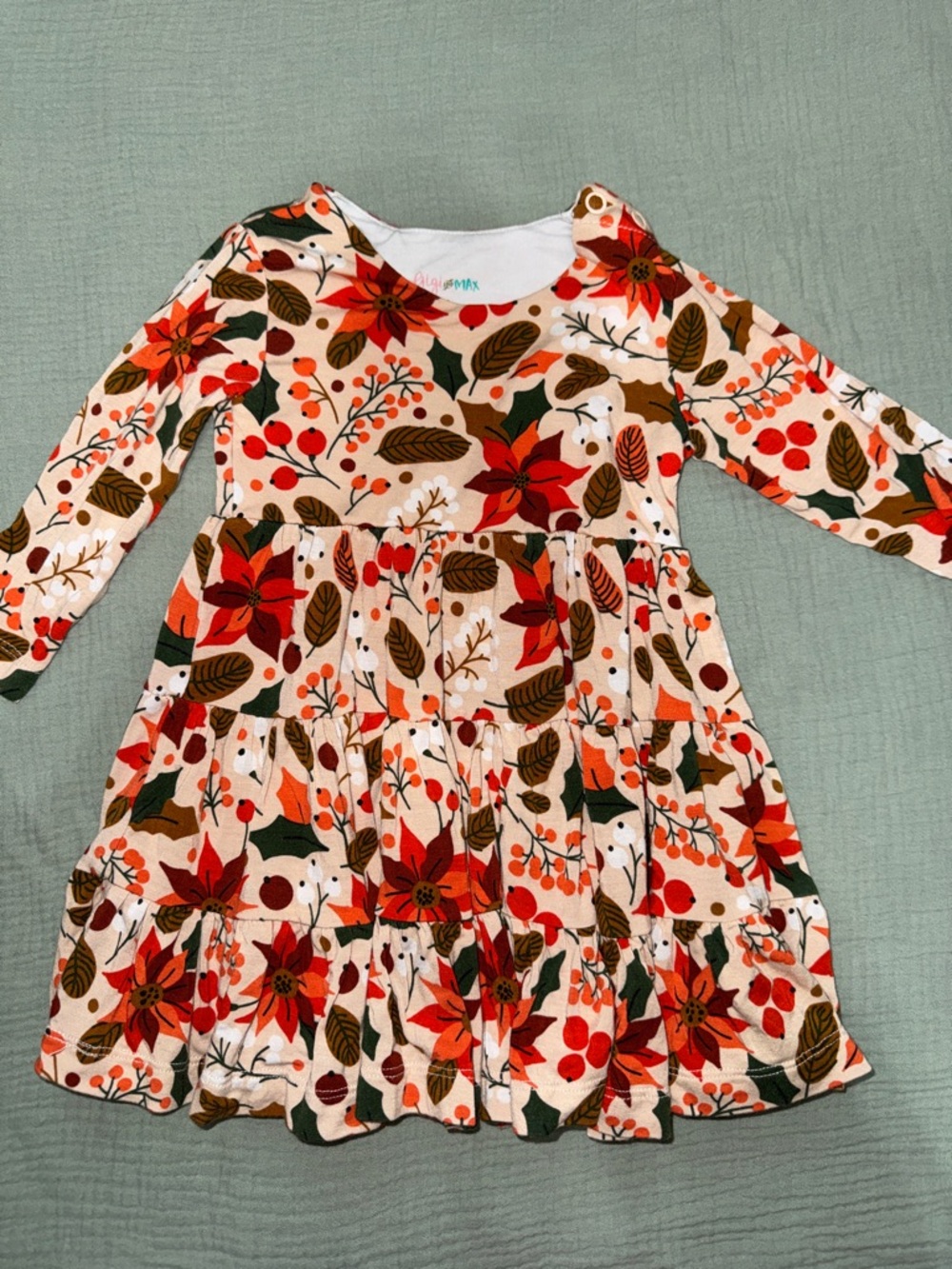 Girls Floral Holiday Tiered Dress - Red & Green Poinsettia Print 6M